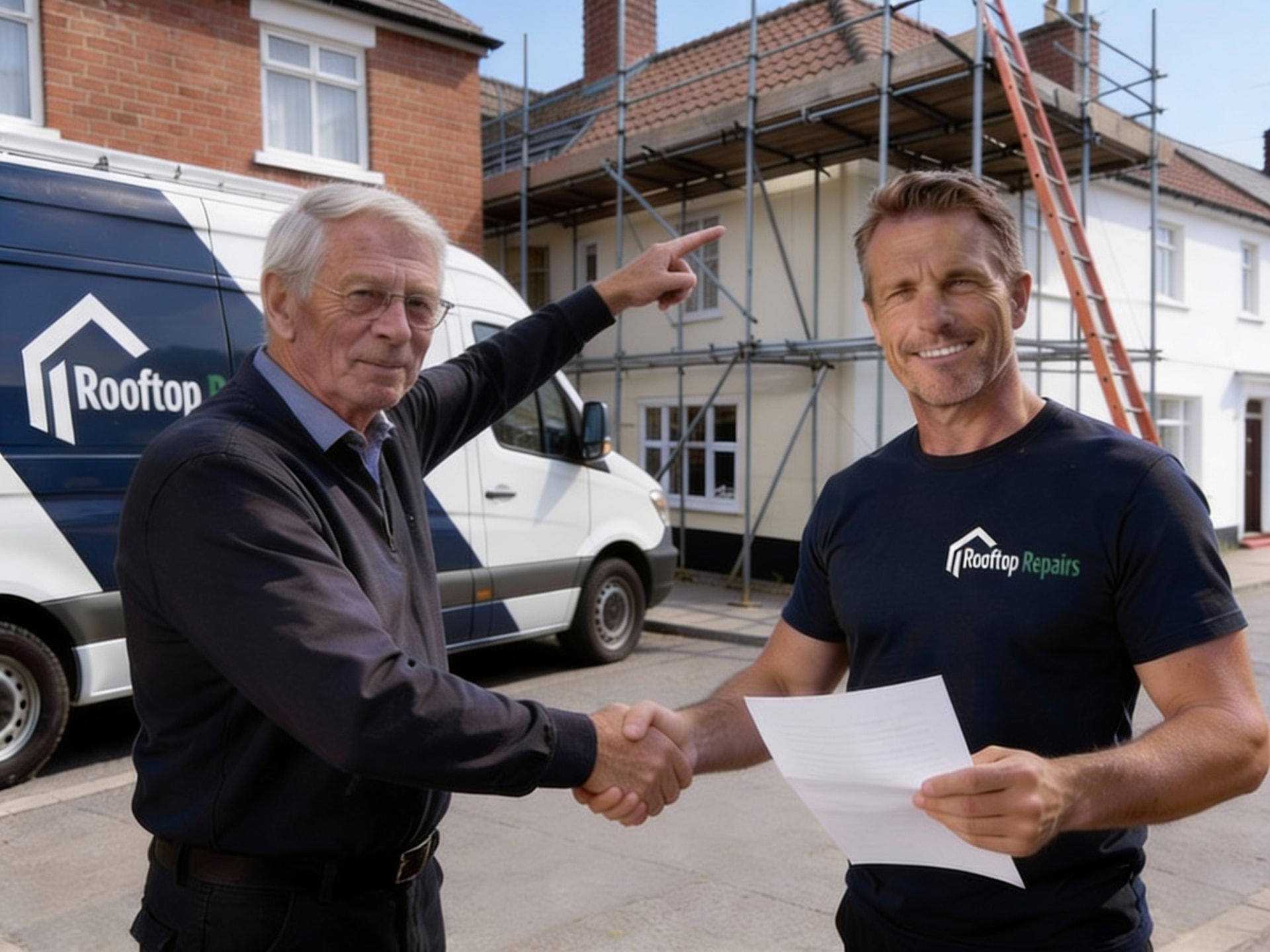 Rooftop Repairs team member handing completed work to a customer