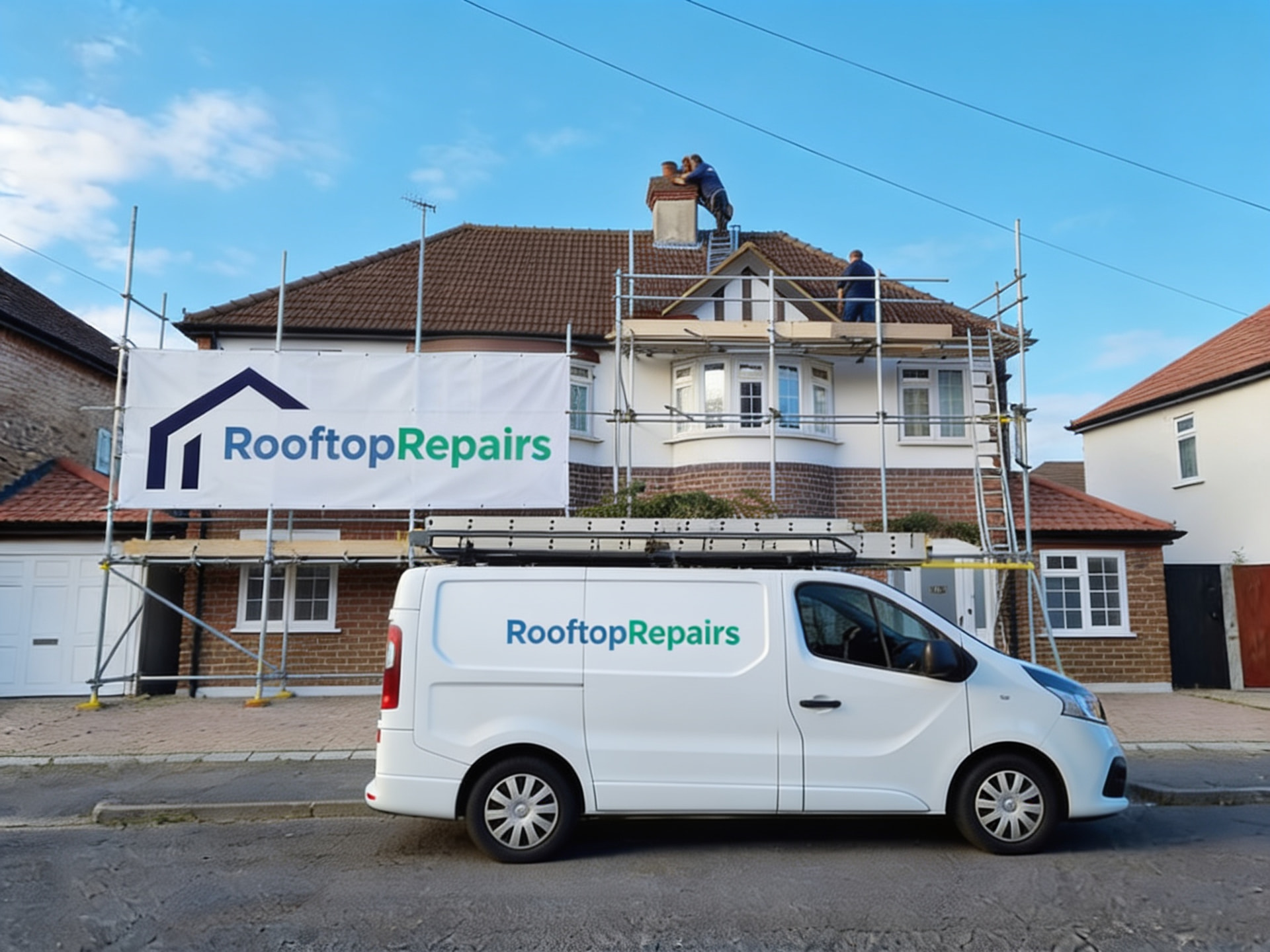 Rooftop Repairs van and branded scaffold banner at a residential roofing job