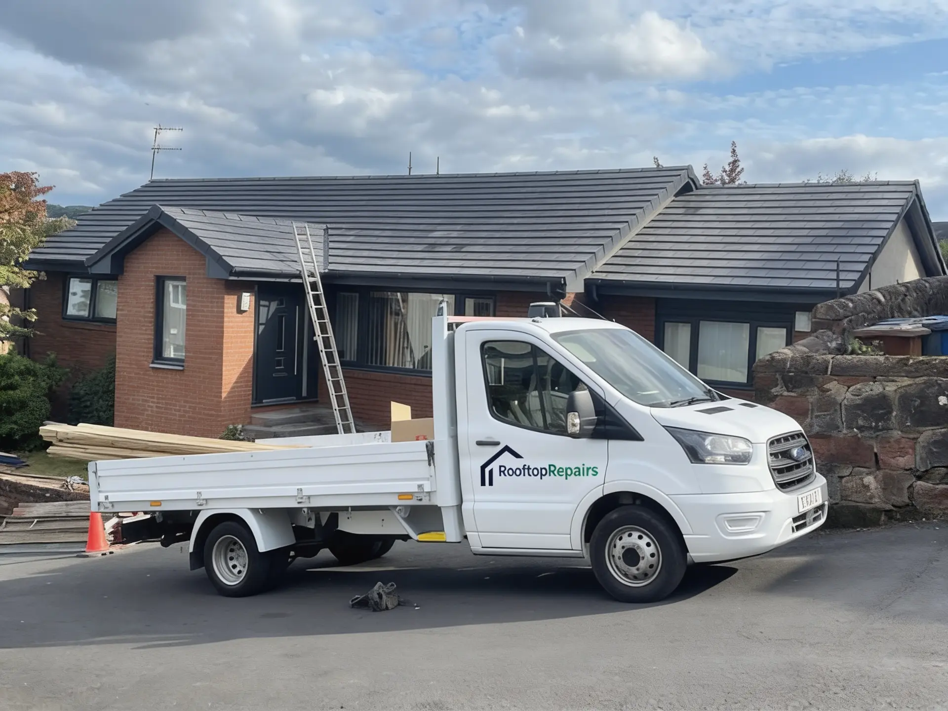 Rooftop Repairs branded truck outside a completed tiled roof
